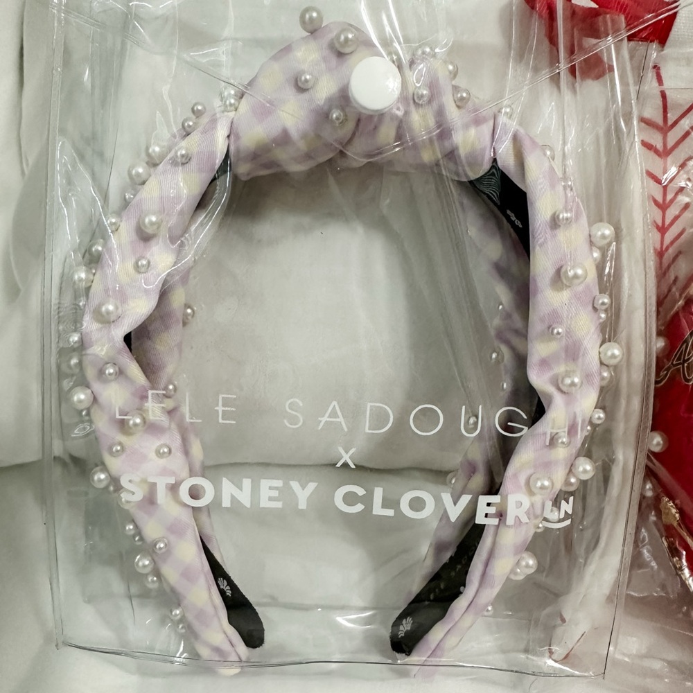 NWOT Stoney Clover Lane x Lele Sadoughi Lavender Gingham Pearl Knotted Headband